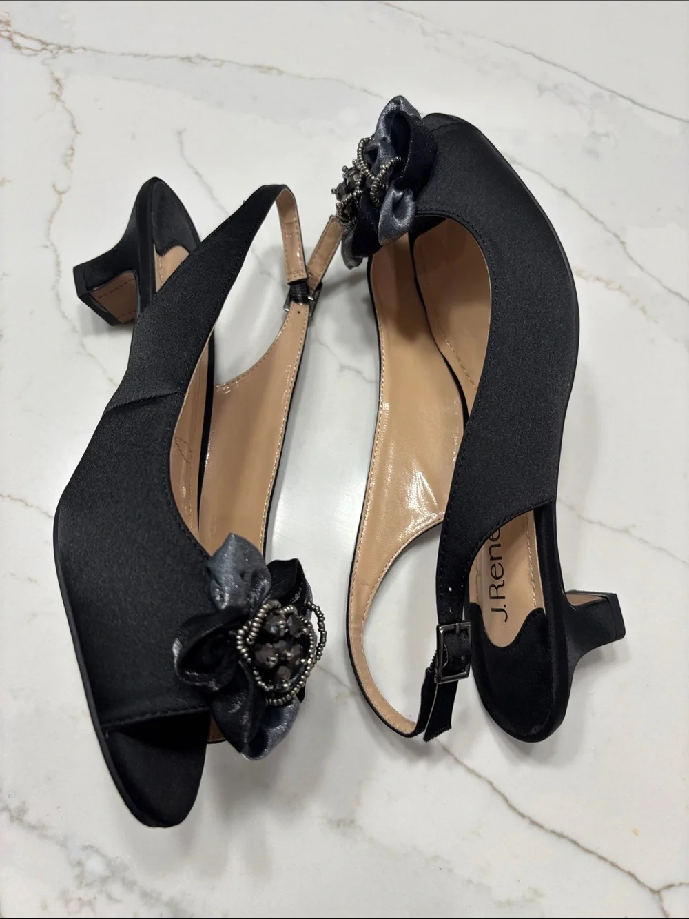 J.Renee Black Satin Slingback Heel with Floral Jewel Accent